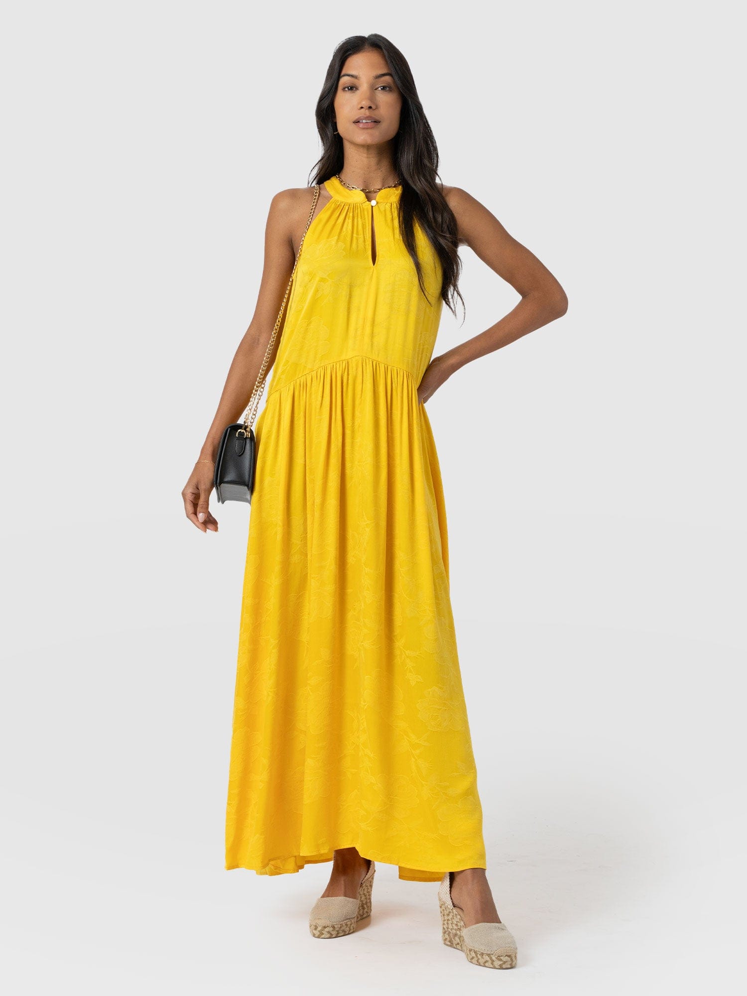 Zoey Halter Neck Dress - Yellow Jacquard